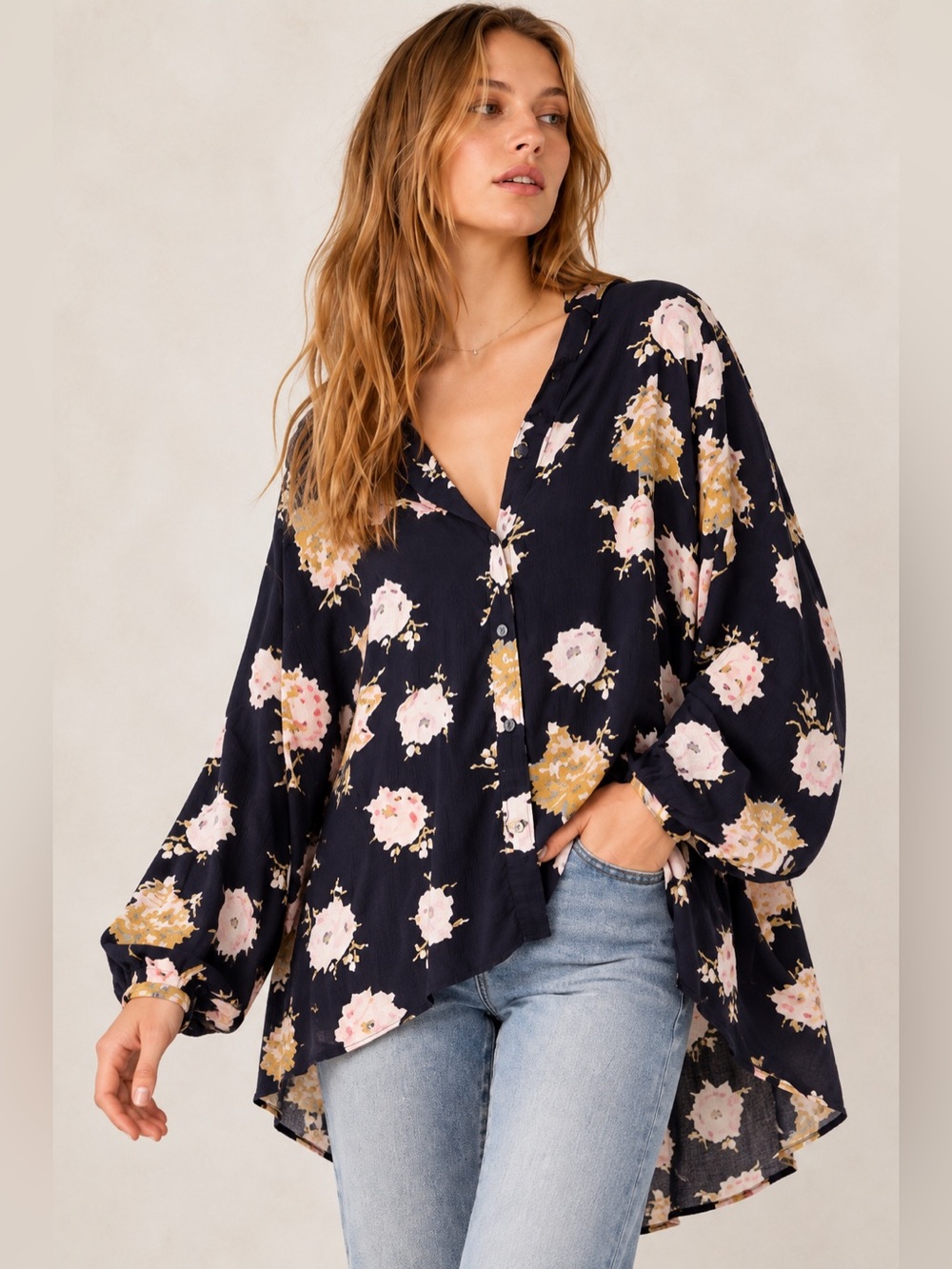 Free People Julia Floral Oversized High Low Blouse Navy Size XS NWOT